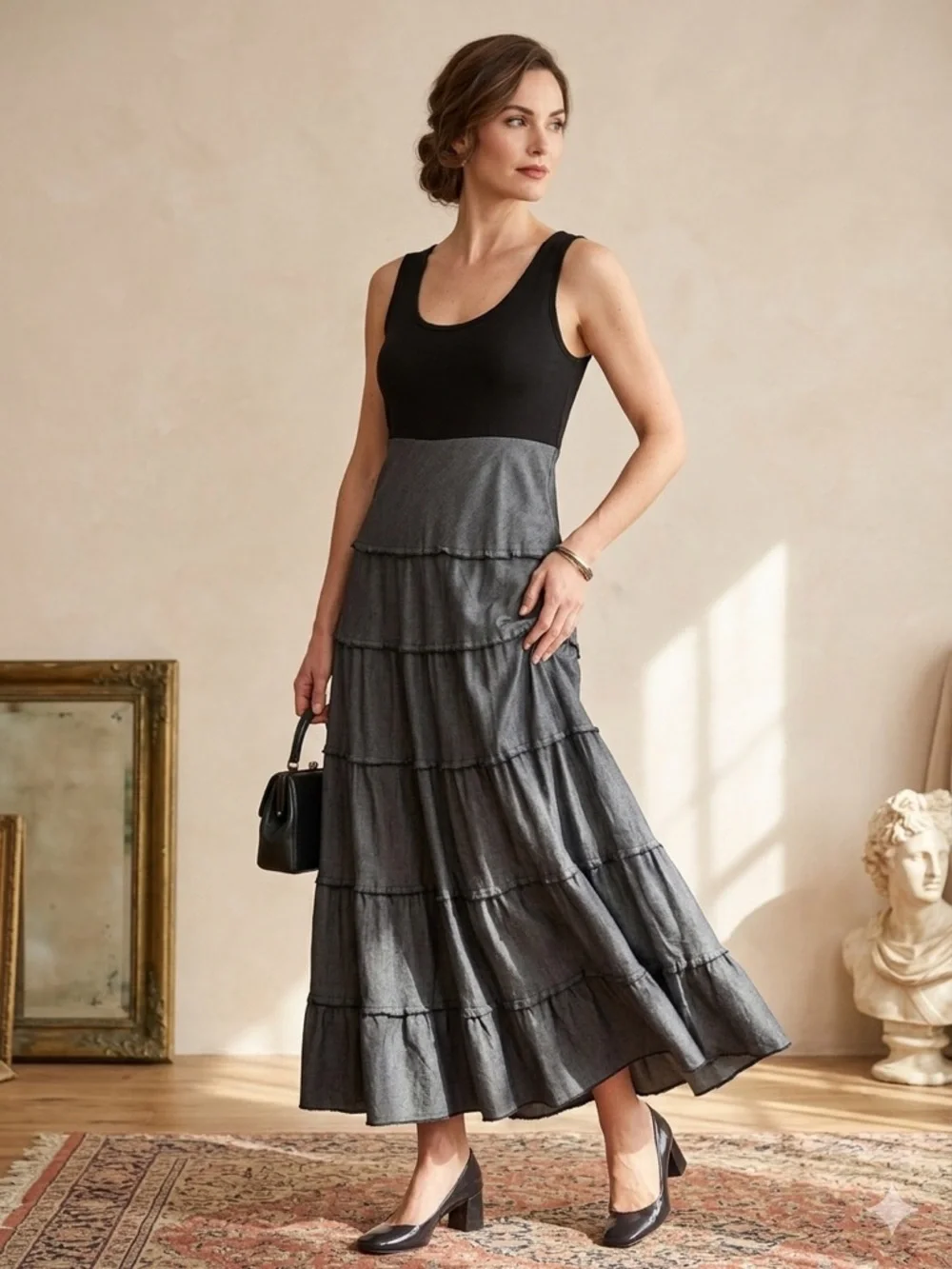 Sleeveless Black Top with Charcoal Tiered Maxi Skirt Karen by Kane Dress SizeS